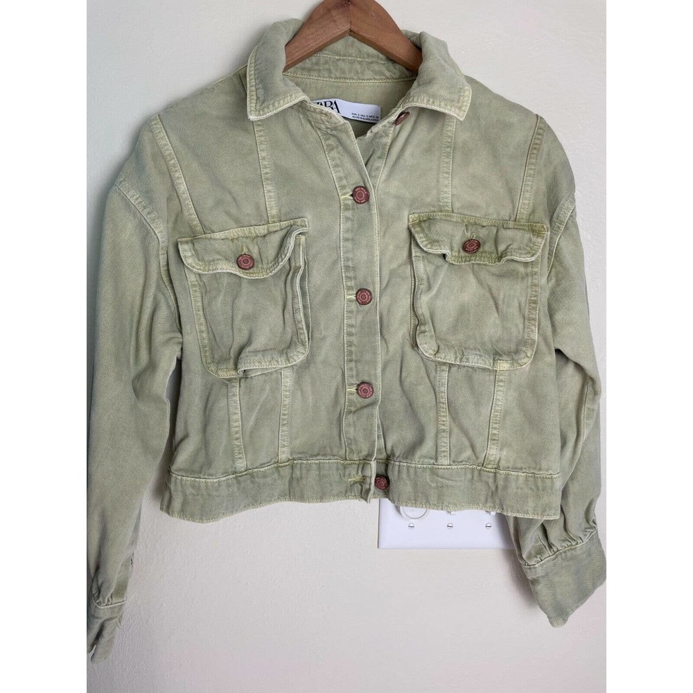 Zara Jean Jacket Women’s Small Cropped Light Green Colored Denim